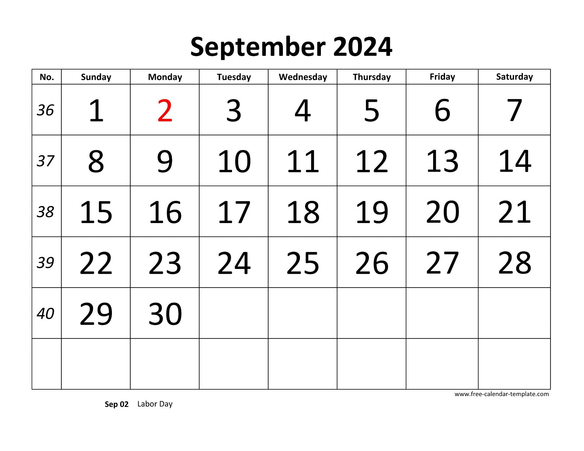 September 2024 Calendar Designed With Large Font (Horizontal for Large September 2024 Calendar