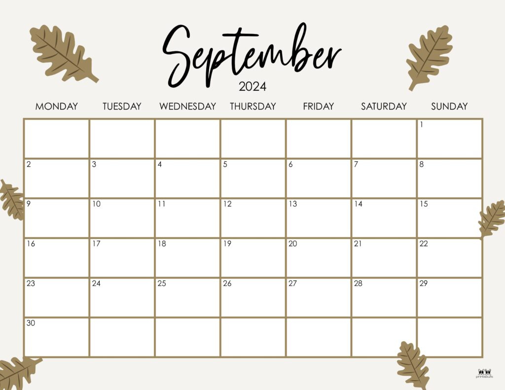 September 2024 Calendars - 50 Free Printables | Printabulls in September 2024 Calendar Printable Monday Start