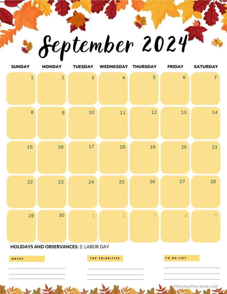 September 2024 Calendars (52 Free Pdf Printables) intended for September 2024 Calendar Theme Ideas