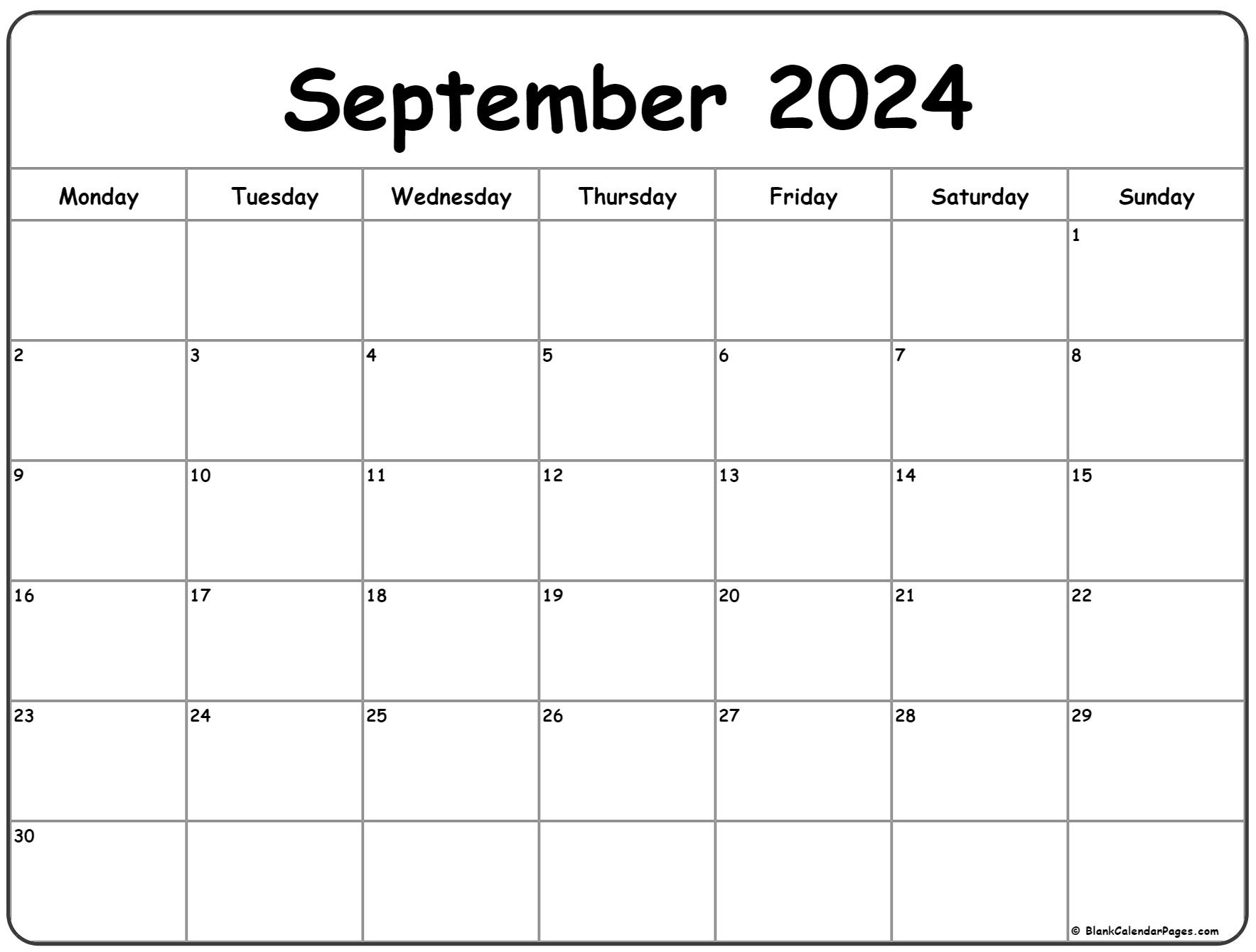 September 2024 Monday Calendar | Monday To Sunday for September 2024 Calendar Monday Start