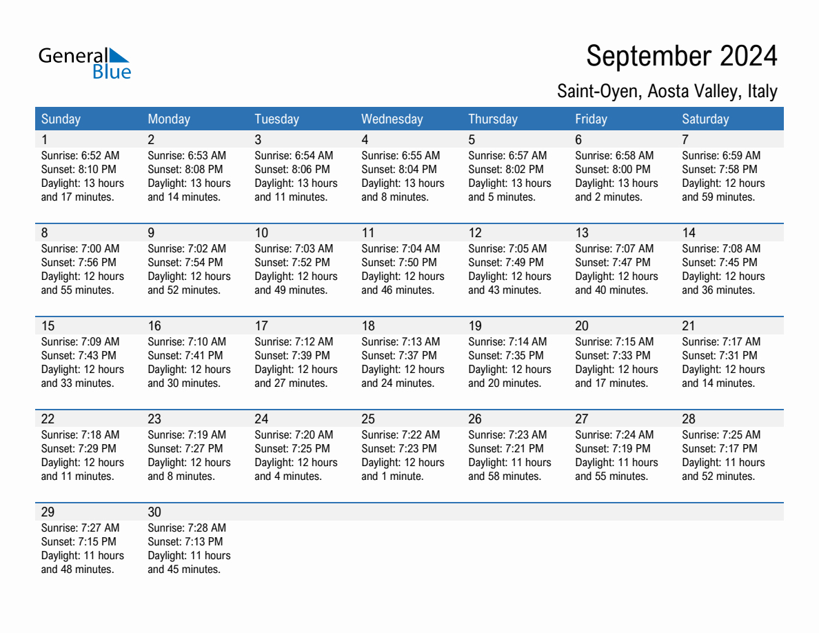 September 2024 Sunrise And Sunset Calendar For Saint-Oyen (Pdf with September Saints Calendar 2024