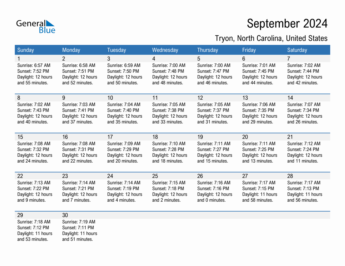 September 2024 Sunrise And Sunset Calendar For Tryon (Pdf, Excel intended for Weather Calendar For September 2024