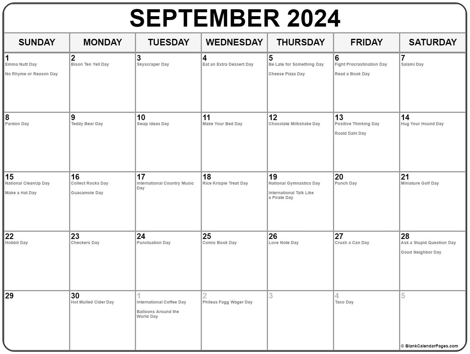 September 2024 With Holidays Calendar for National Calendar Day September 2024