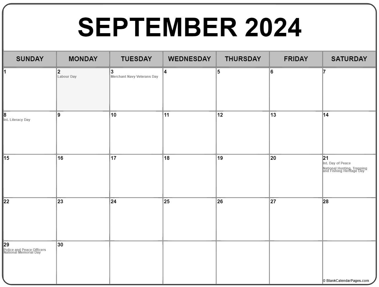 September 2024 With Holidays Calendar for September 2024 Calendar Canada