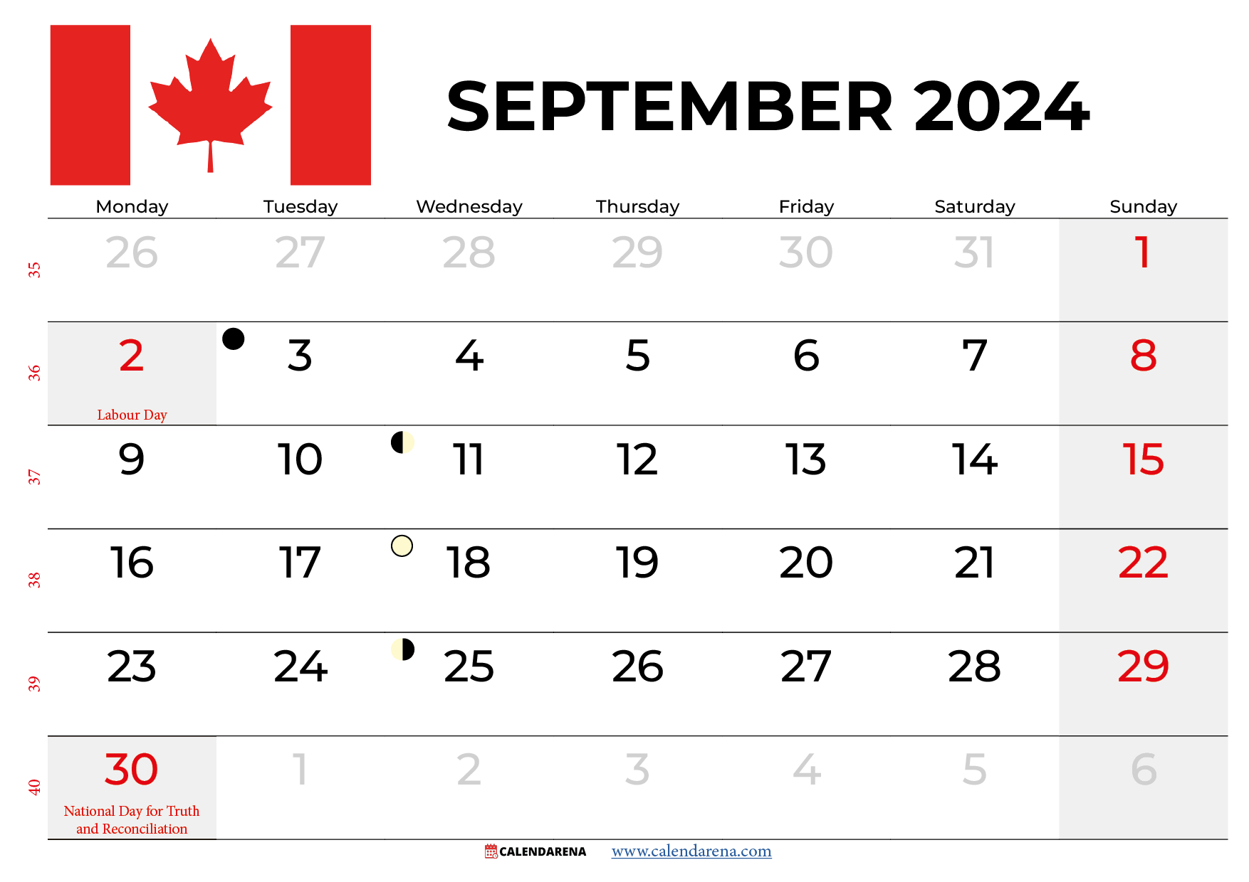 September Calendar 2024 Canada within September 2024 Calendar Canada