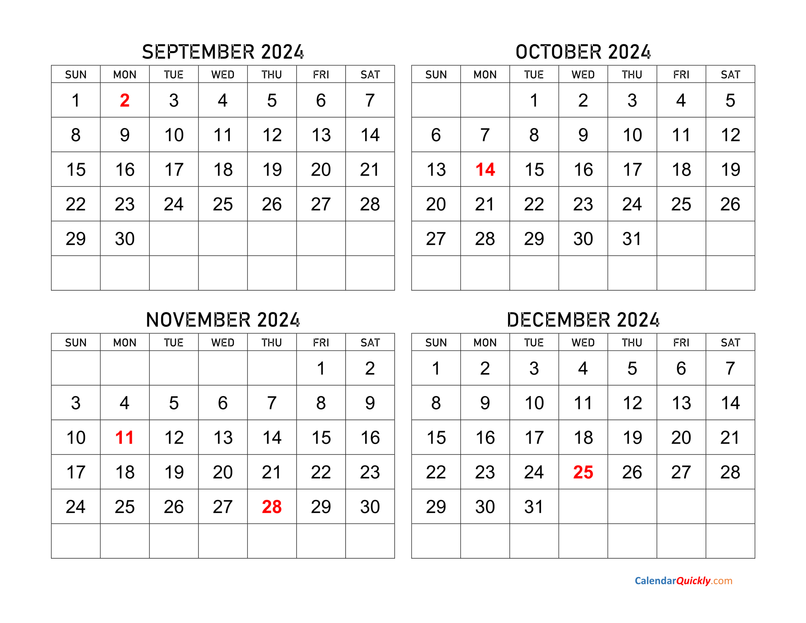 September To December 2024 Calendar | Calendar Quickly in Printable Calendar September To December 2024