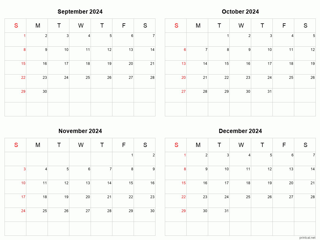 September To December 2024 Printable Calendar | Four Months Per in Printable Calendar September To December 2024