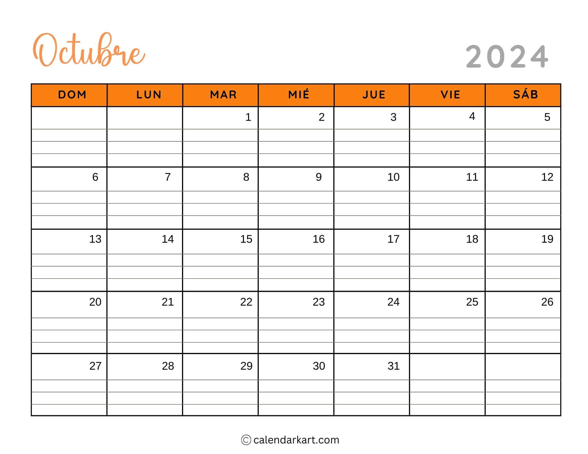 38 Printable October 2024 Calendars | Free Pdf - Calendarkart for October 2024 Calendar With Lines Printable