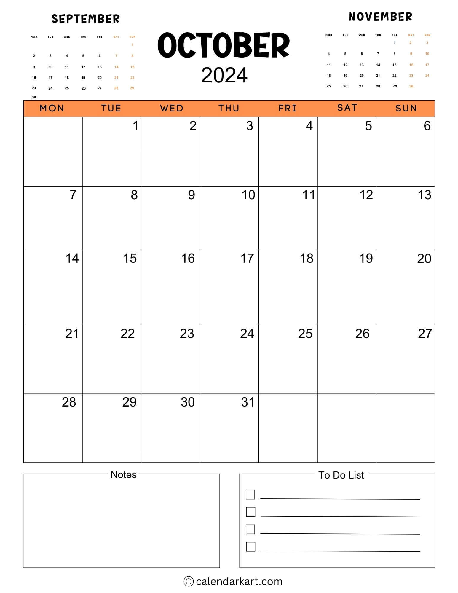 38 Printable October 2024 Calendars | Free Pdf - Calendarkart inside October 2024 Calendar Printable Monday Start