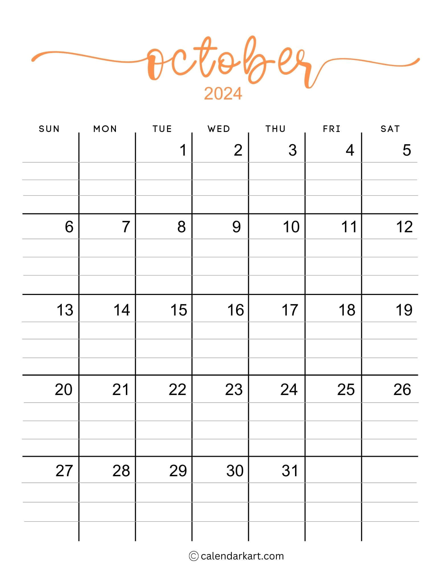 38 Printable October 2024 Calendars | Free Pdf - Calendarkart inside October 2024 Calendar Printable With Lines