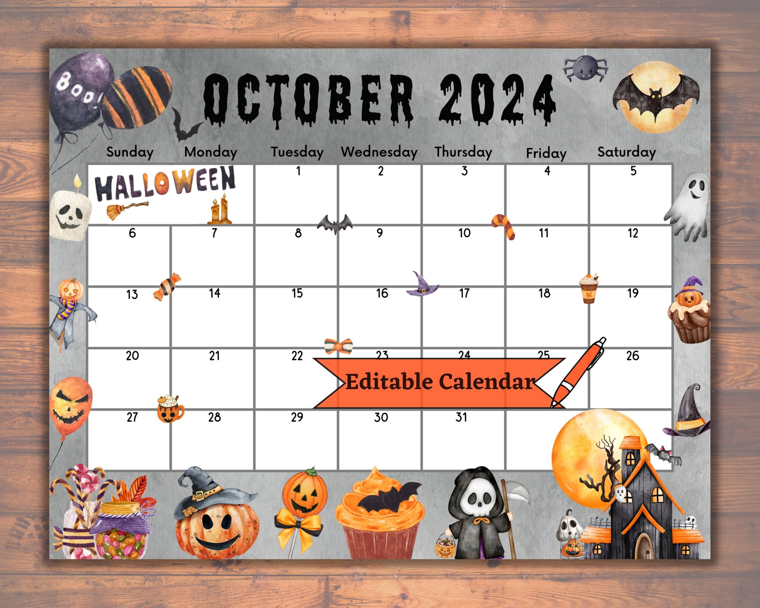 Bearbeitbarer Befüllbarer Oktober 2024 Kalender Für Gruseligen with October Calendar 2024 Halloween