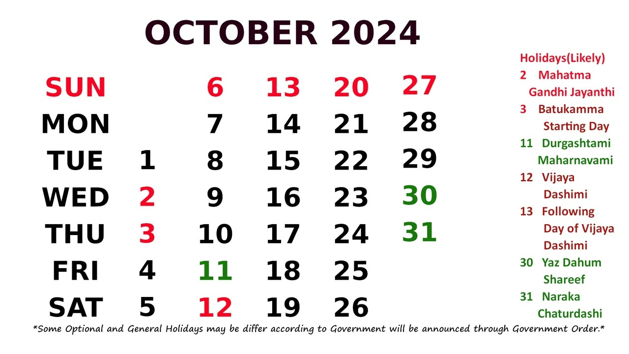 Calendar October 2024 for October Holidays 2024 Calendar