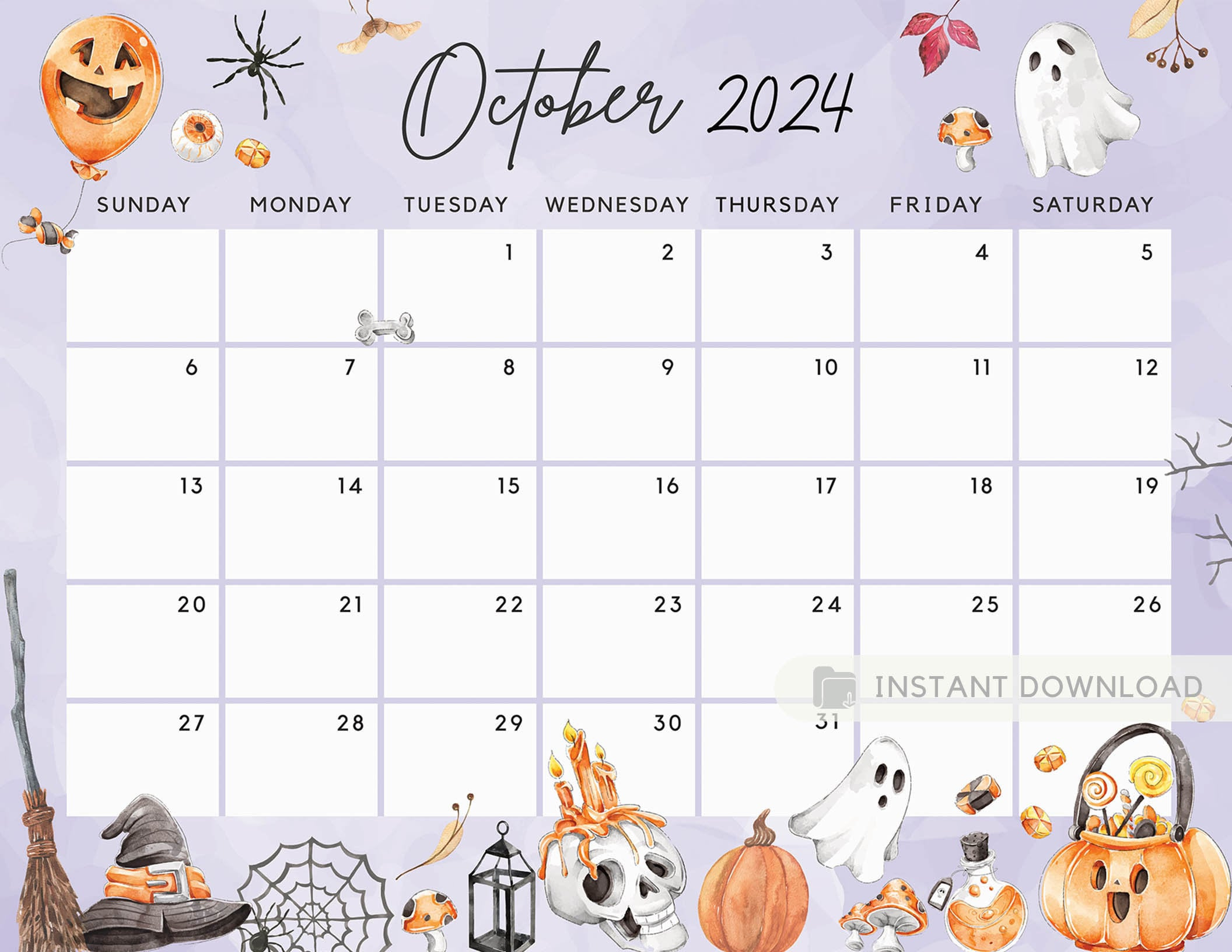 Fillable October 2024 Calendar, Halloween Fun Spooky Party Night for October Halloween 2024 Calendar