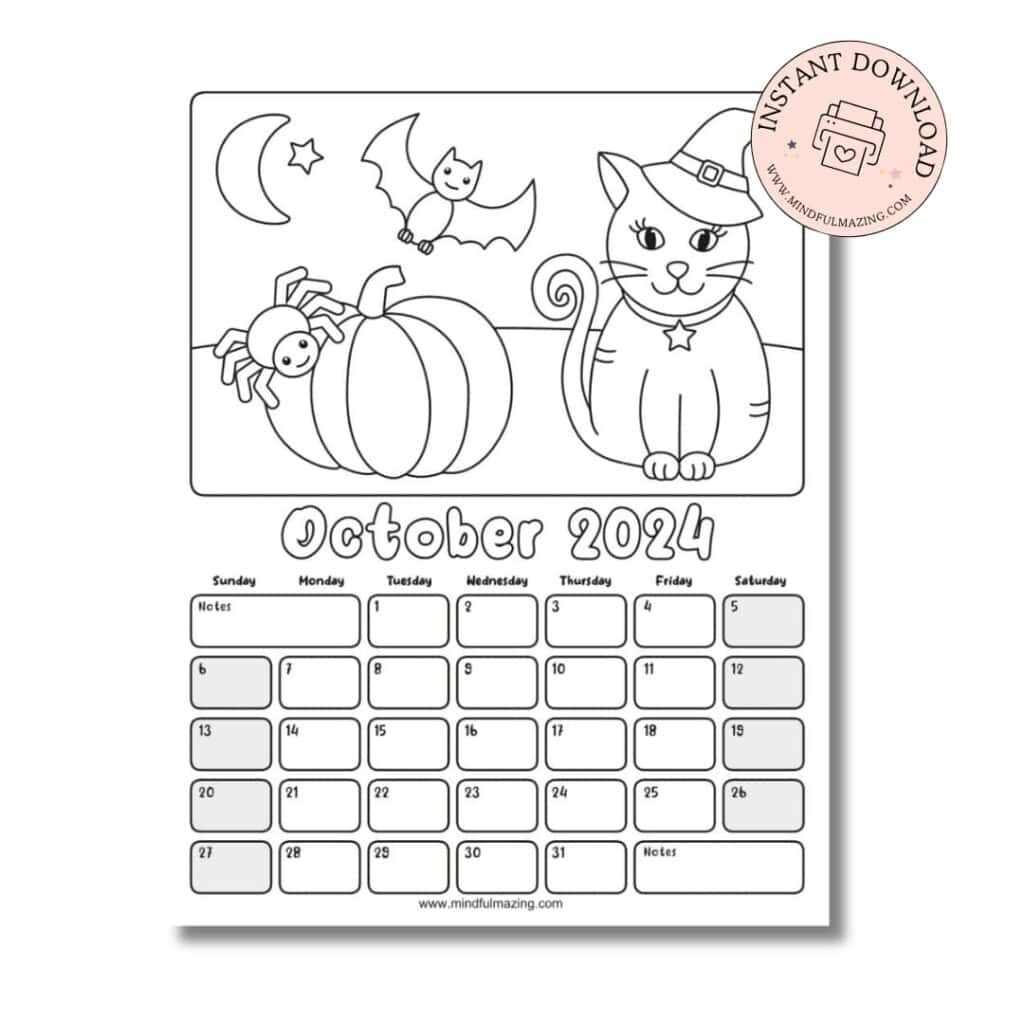 Free Printable Coloring Calendar For Kids In 2024 • Mindfulmazing in October Coloring Calendar 2024