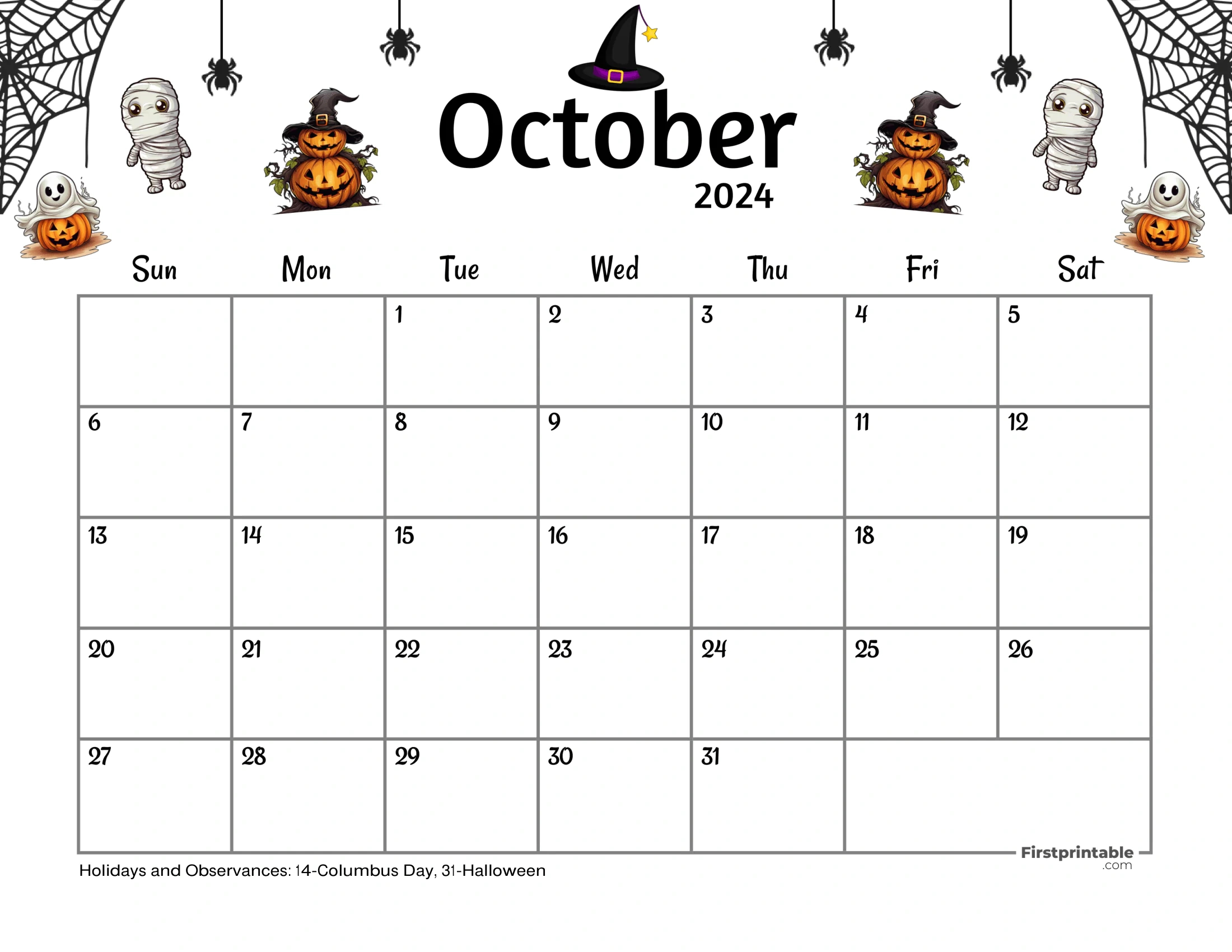 Free Printable &amp;amp; Fillable October Calendars 2024 for Halloween October 2024 Calendar Printable