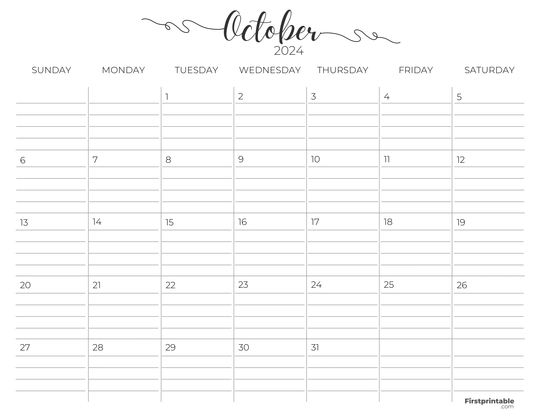 Free Printable &amp;amp; Fillable October Calendars 2024 for October 2024 Calendar With Lines Printable