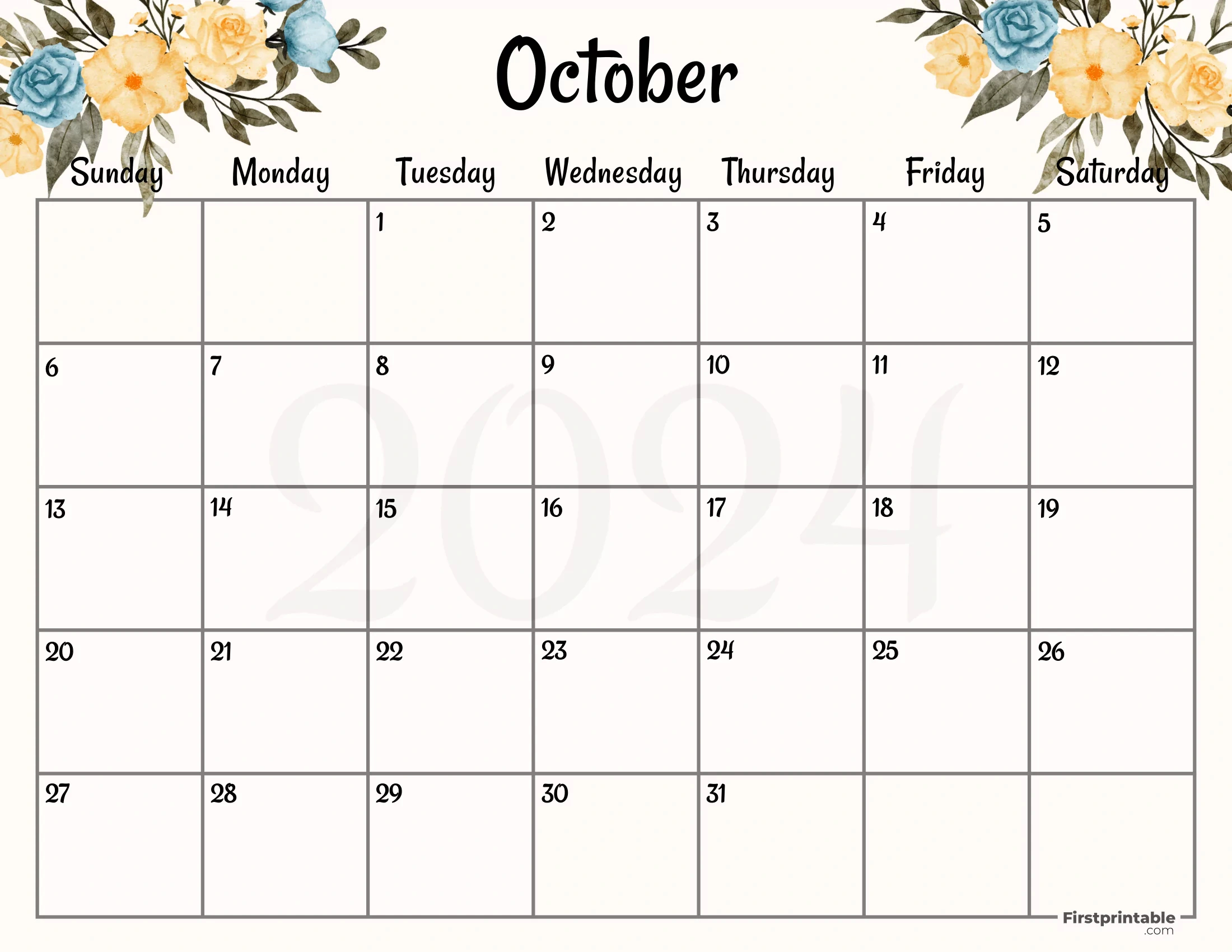 Free Printable &amp;amp; Fillable October Calendars 2024 in Print October 2024 Calendar