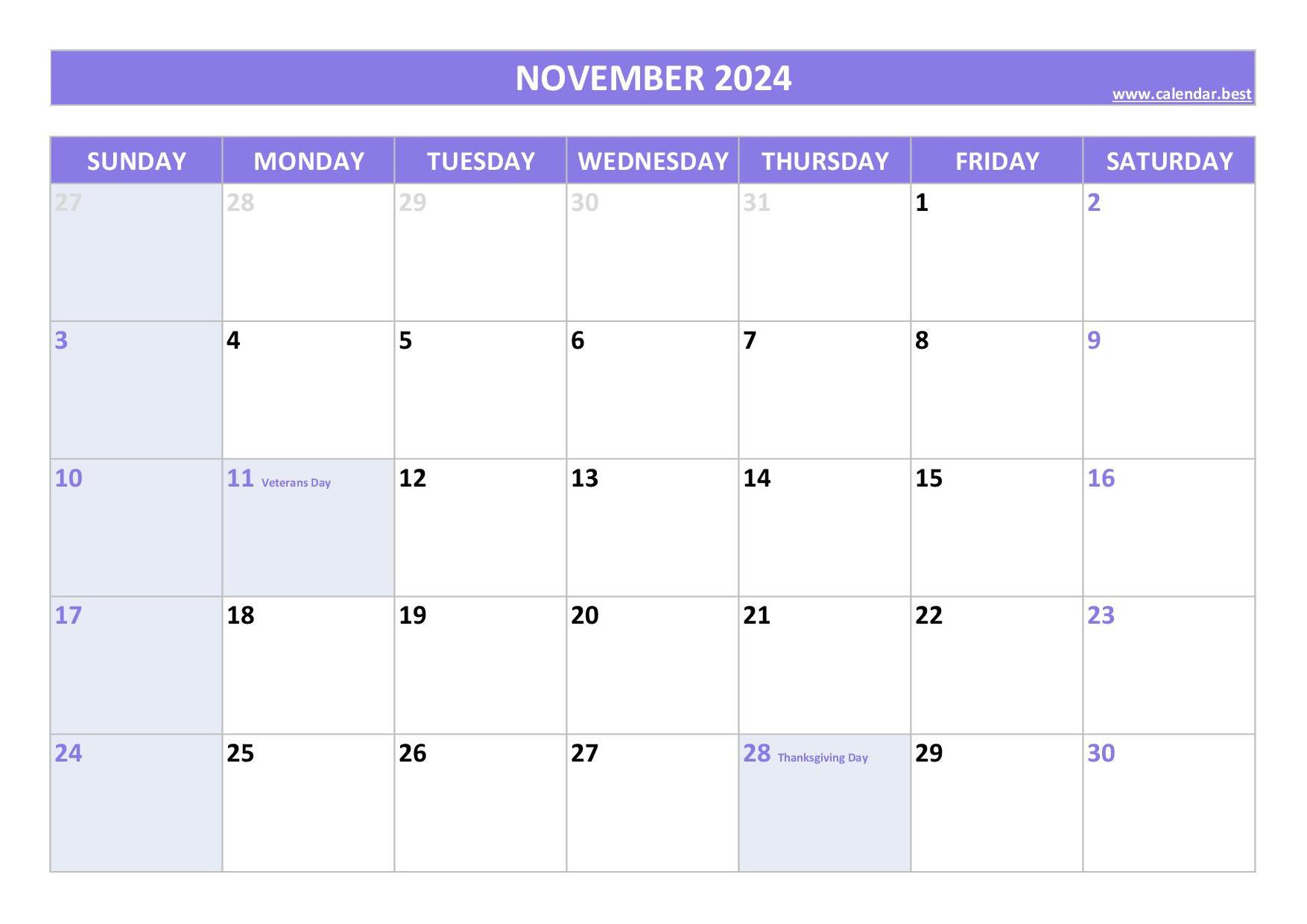 November 2024 Calendar -Calendar.best with October November 2024 Calendar With Holidays