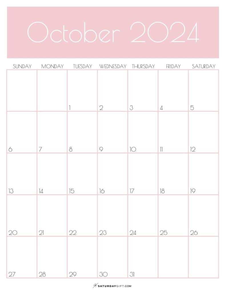 October 2024 Calendar - 20 Cute &amp;amp; Free Printables | Saturdaygift for Pink October 2024 Calendar