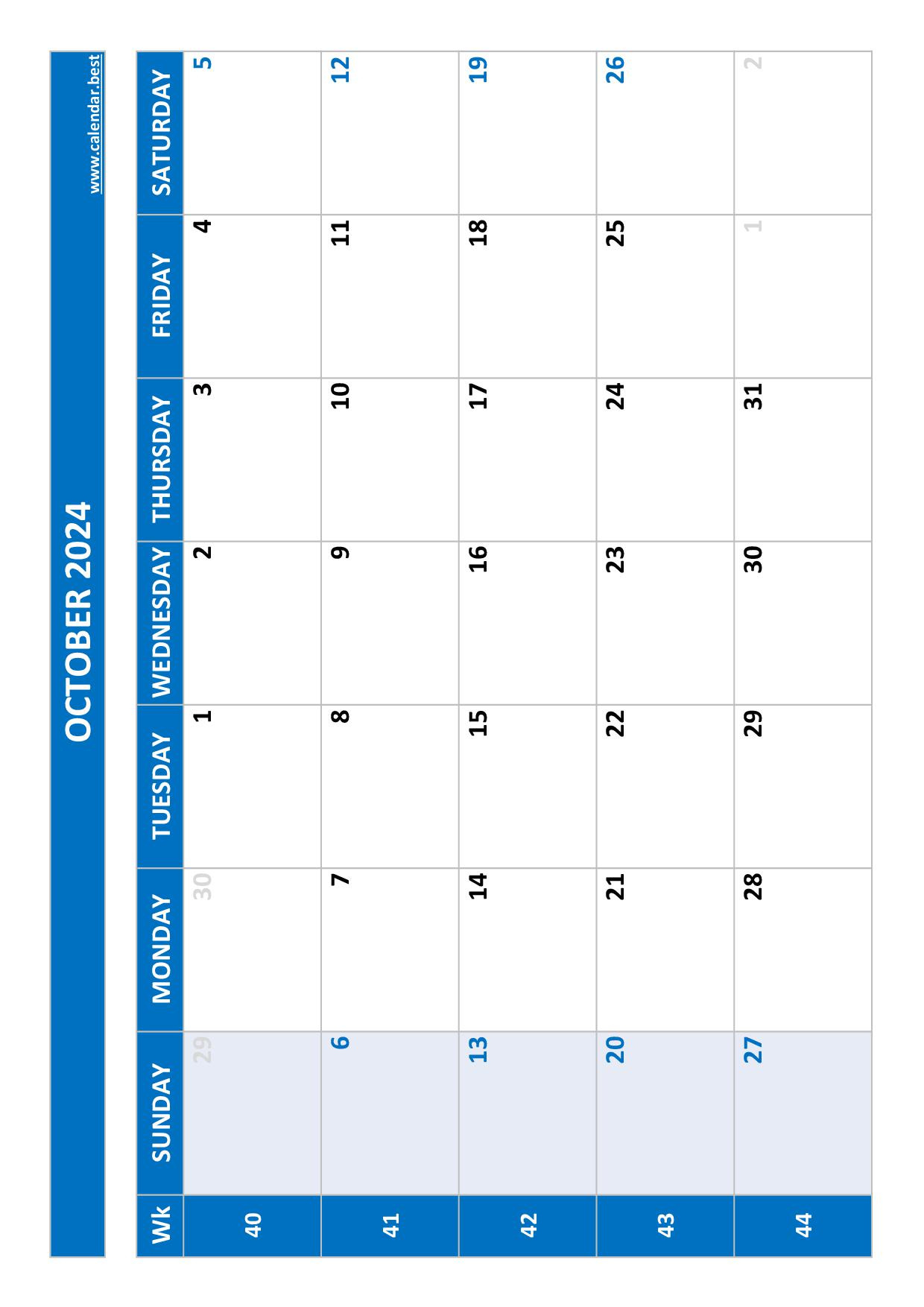 October 2024 Calendar -Calendar.best throughout October 2024 Calendar Numbers Printable