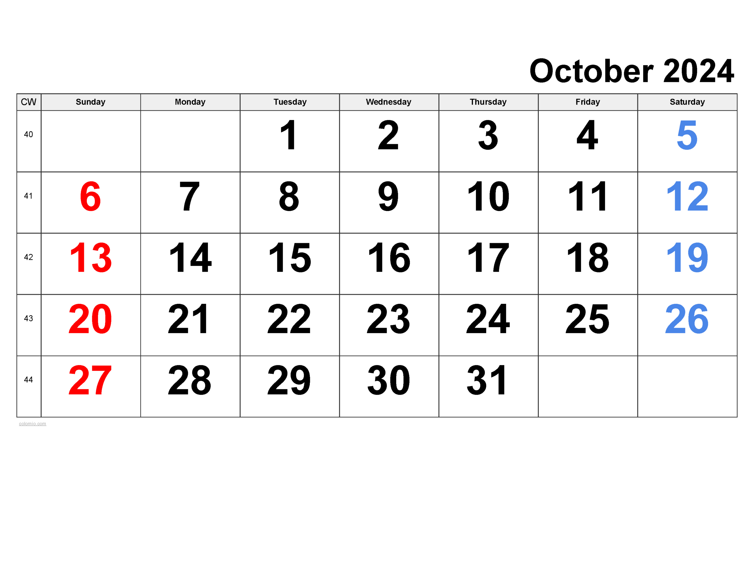 October 2024 Calendar | Free Printable Pdf, Xls And Png for October Weekly Calendar 2024