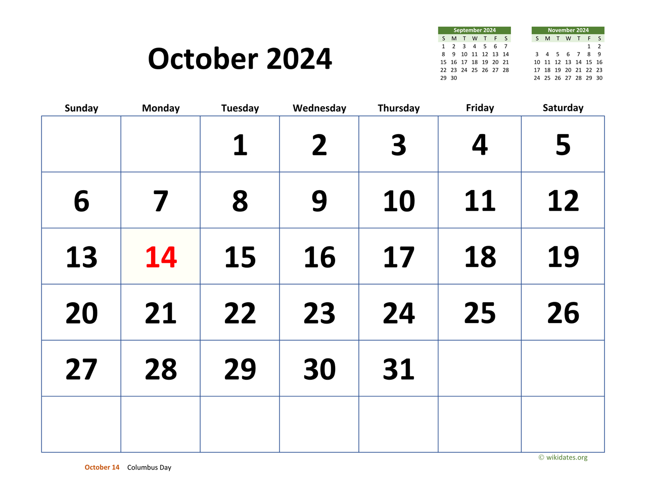 October 2024 Calendar With Extra-Large Dates | Wikidates throughout October 13 2024 Calendar