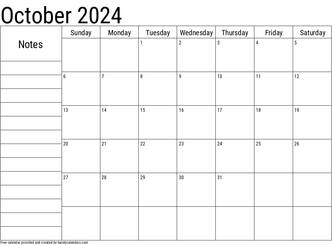 October 2024 Calendar With Notes - Handy Calendars for October Calendar 2024 With Notes