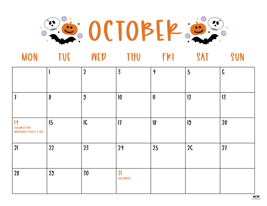 October 2024 Calendars - 50 Free Printables | Printabulls for October 2024 Calendar Printable Monday Start