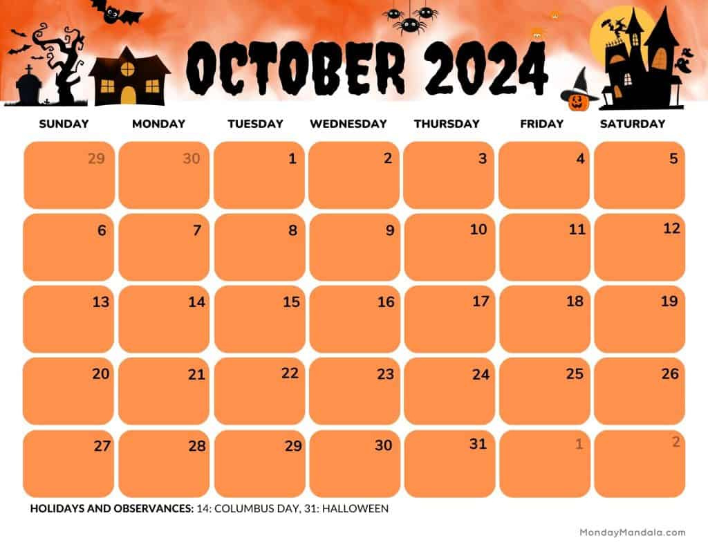 October 2024 Calendars (52 Free Pdf Printables) regarding Free Printable October 2024 Calendar Halloween