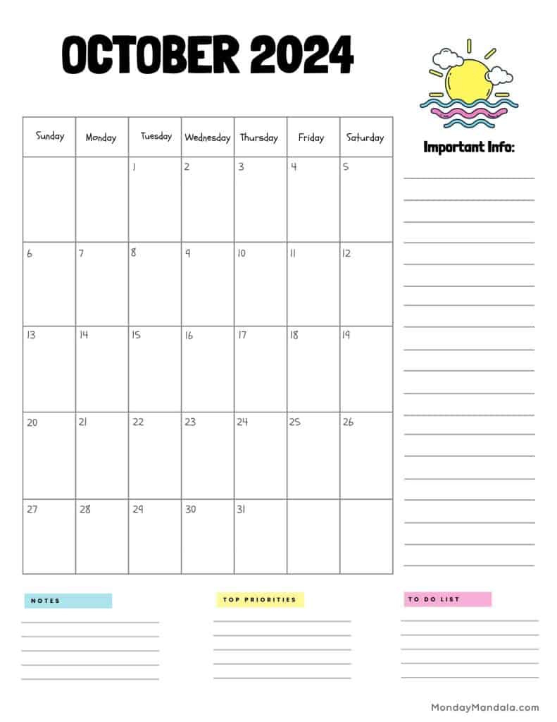 October 2024 Calendars (52 Free Pdf Printables) within October Calendar 2024 With Notes