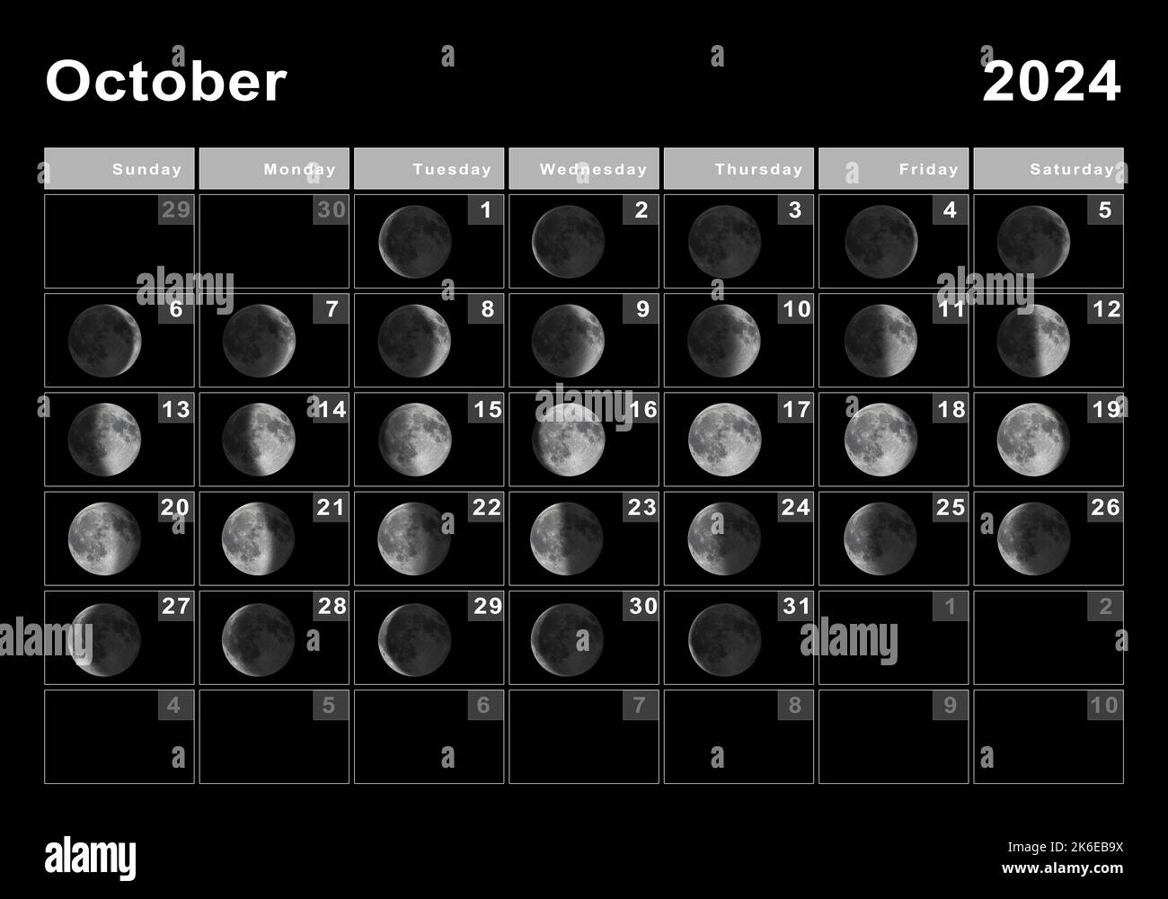 October 2024 Lunar Calendar, Moon Cycles, Moon Phases Stock Photo for October Lunar Calendar 2024