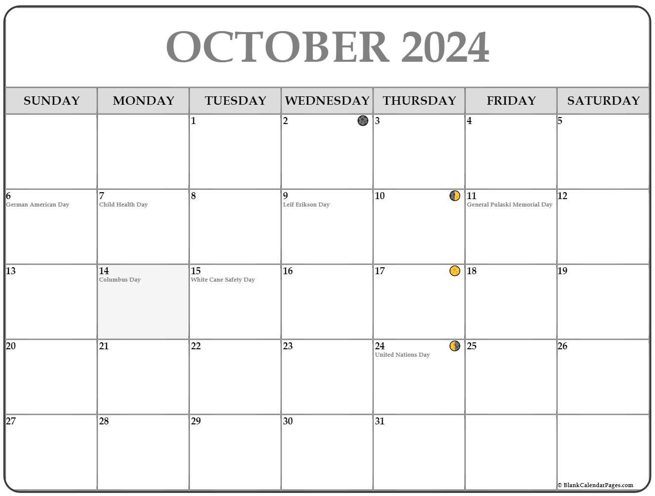 October 2024 Lunar Calendar | Moon Phase Calendar for October Lunar Calendar 2024