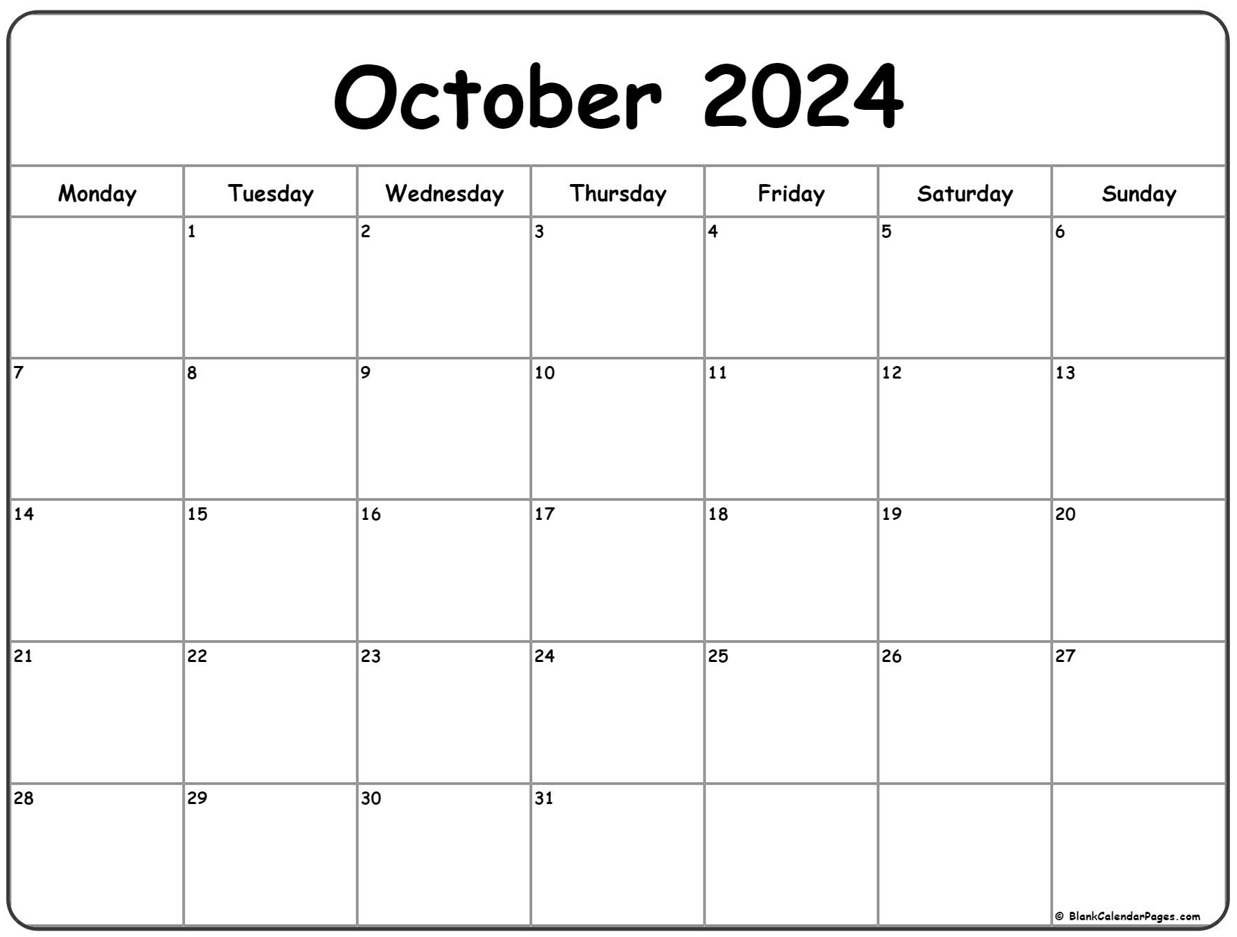 October 2024 Monday Calendar | Monday To Sunday for October 2024 Calendar Printable Monday Start