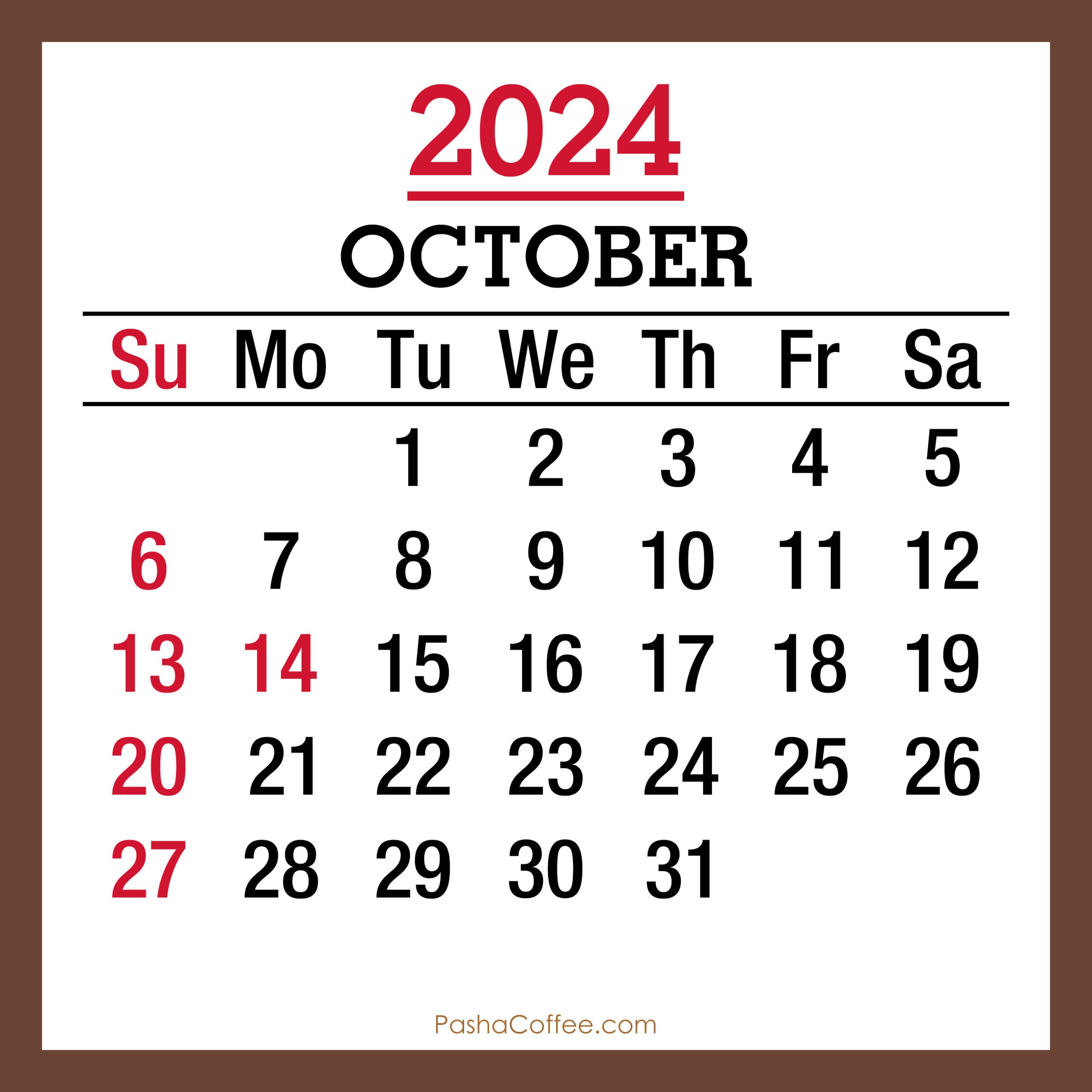 October 2024 Monthly Calendar With Holidays, Printable Free, Brown with October 2024 Calendar With Holidays