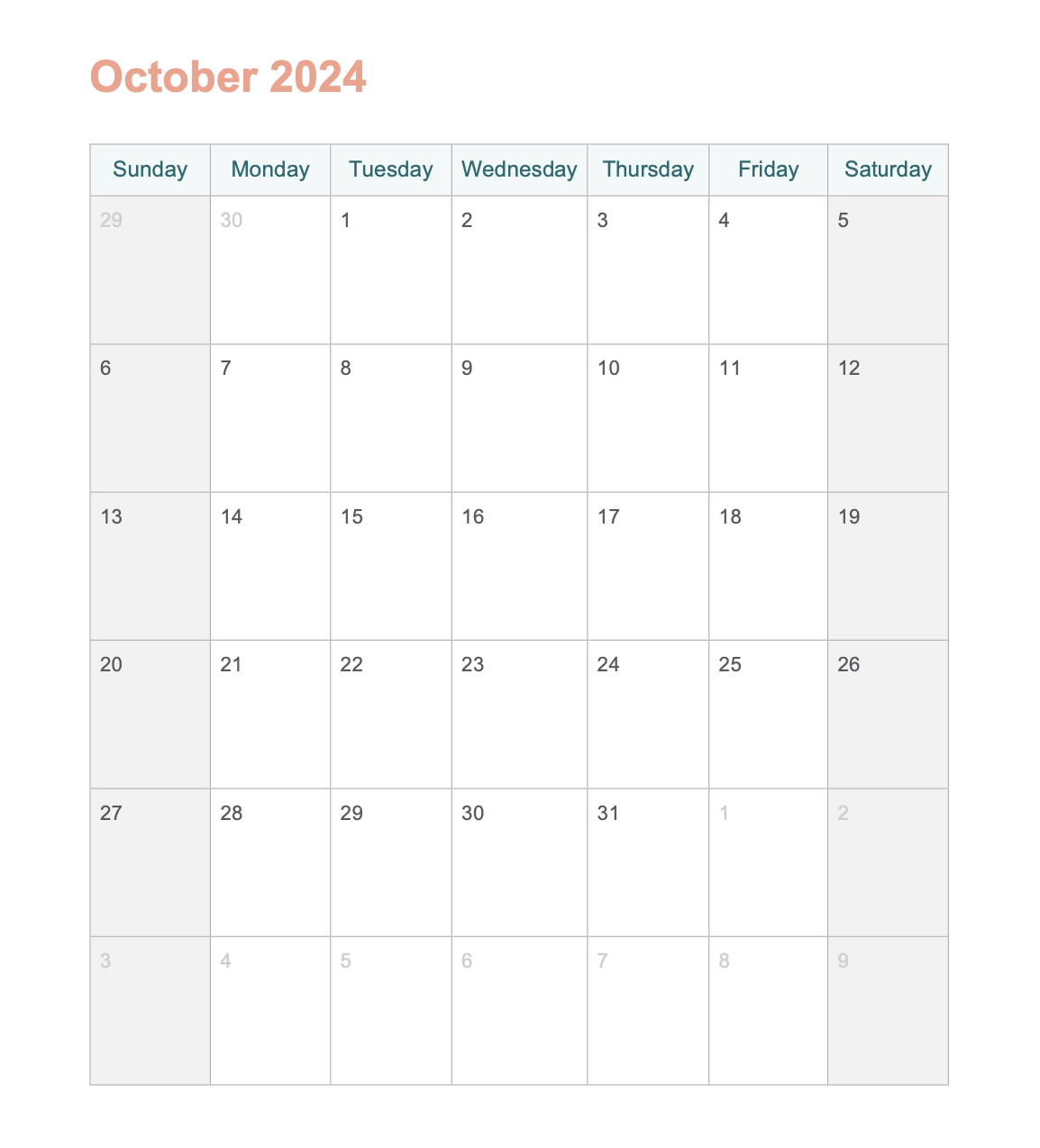 October 2024 Printable Calendar With Word - Agendrix in October 2024 Calendar Printable Word