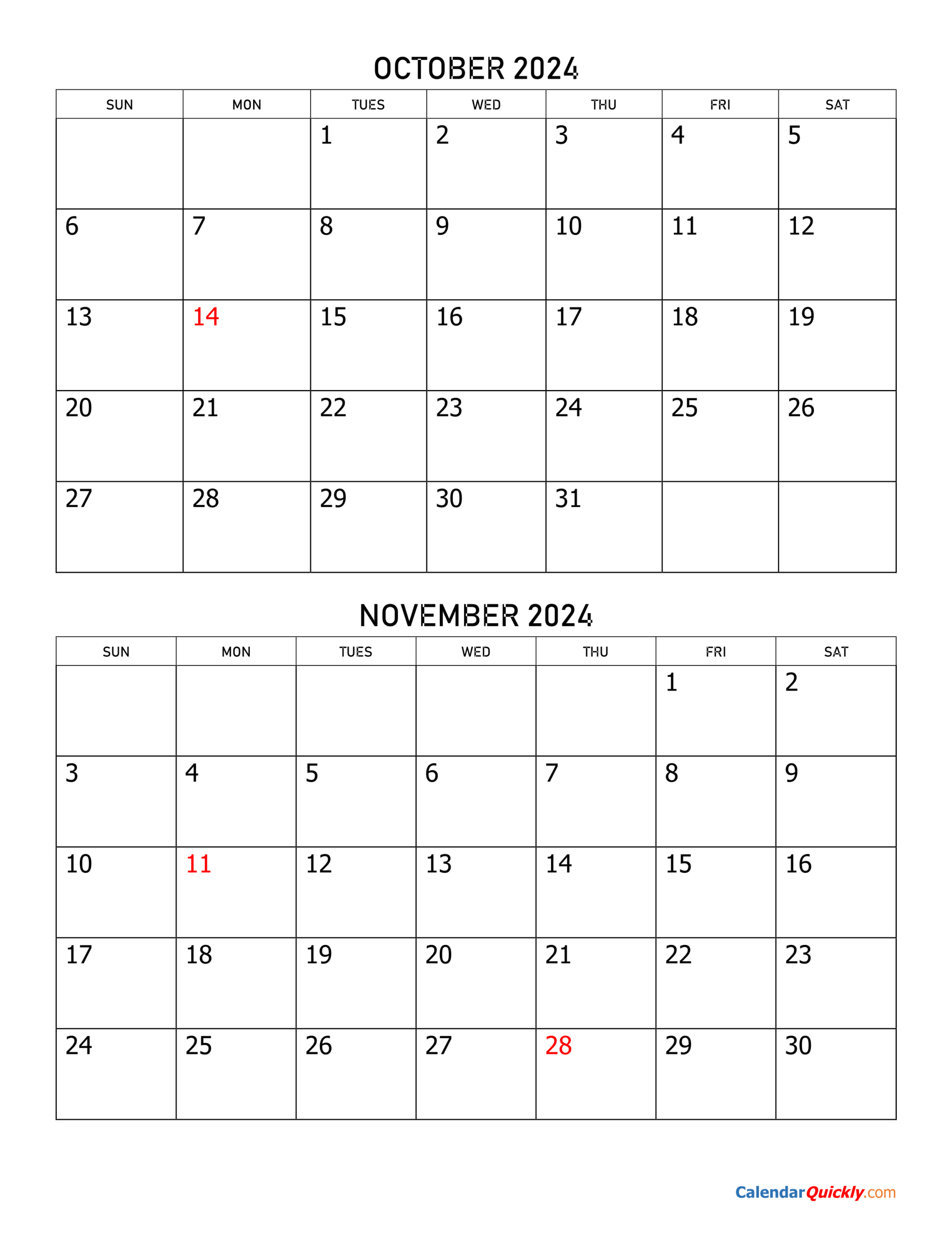 October And November 2024 Calendar | Calendar Quickly for October And November Calendar 2024