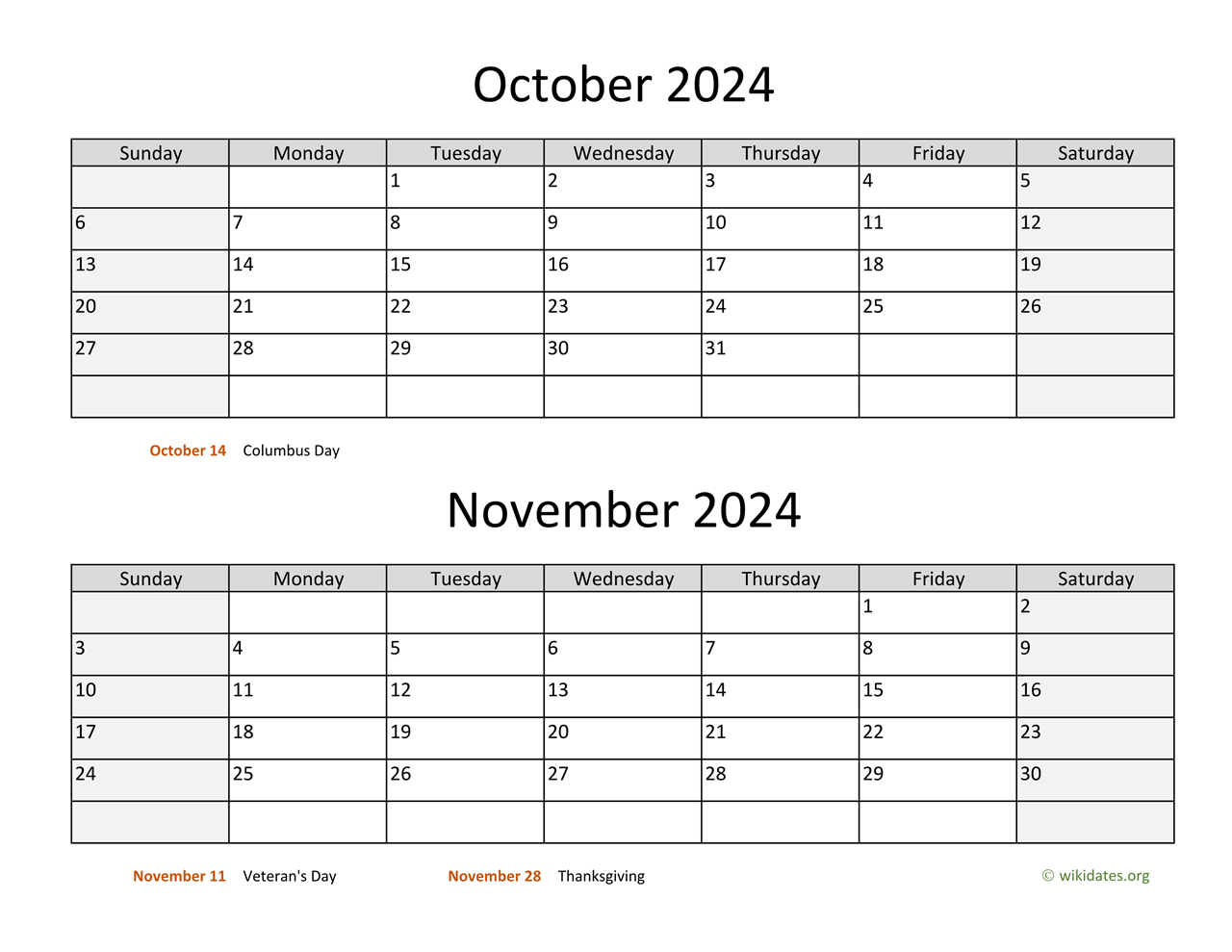 October And November 2024 Calendar | Wikidates for October-November 2024 Printable Calendar