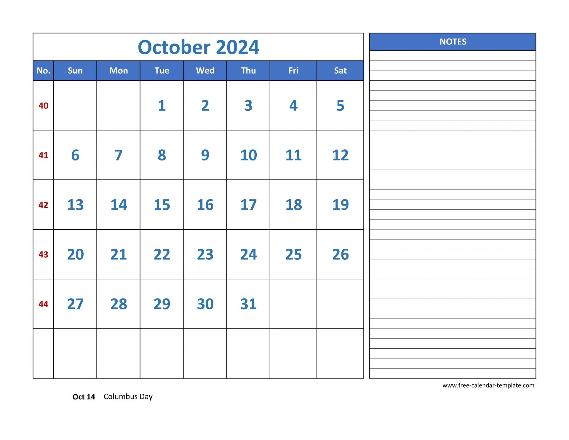 October Calendar 2024 Grid Lines For Holidays And Notes within October Calendar 2024 With Notes