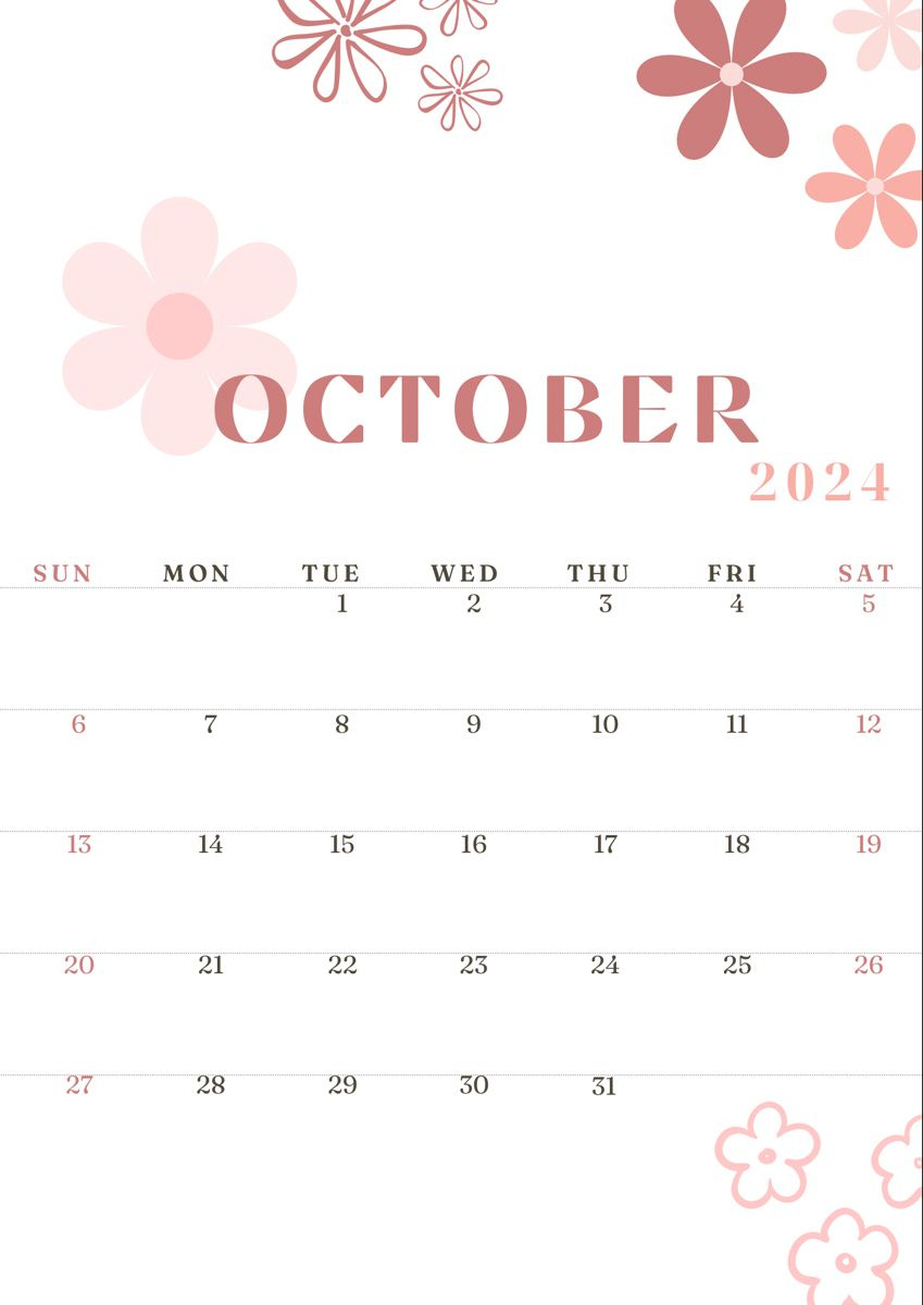 October Calendar 2024, October Calendar, Calendar Background in October Calendar 2024 Pink