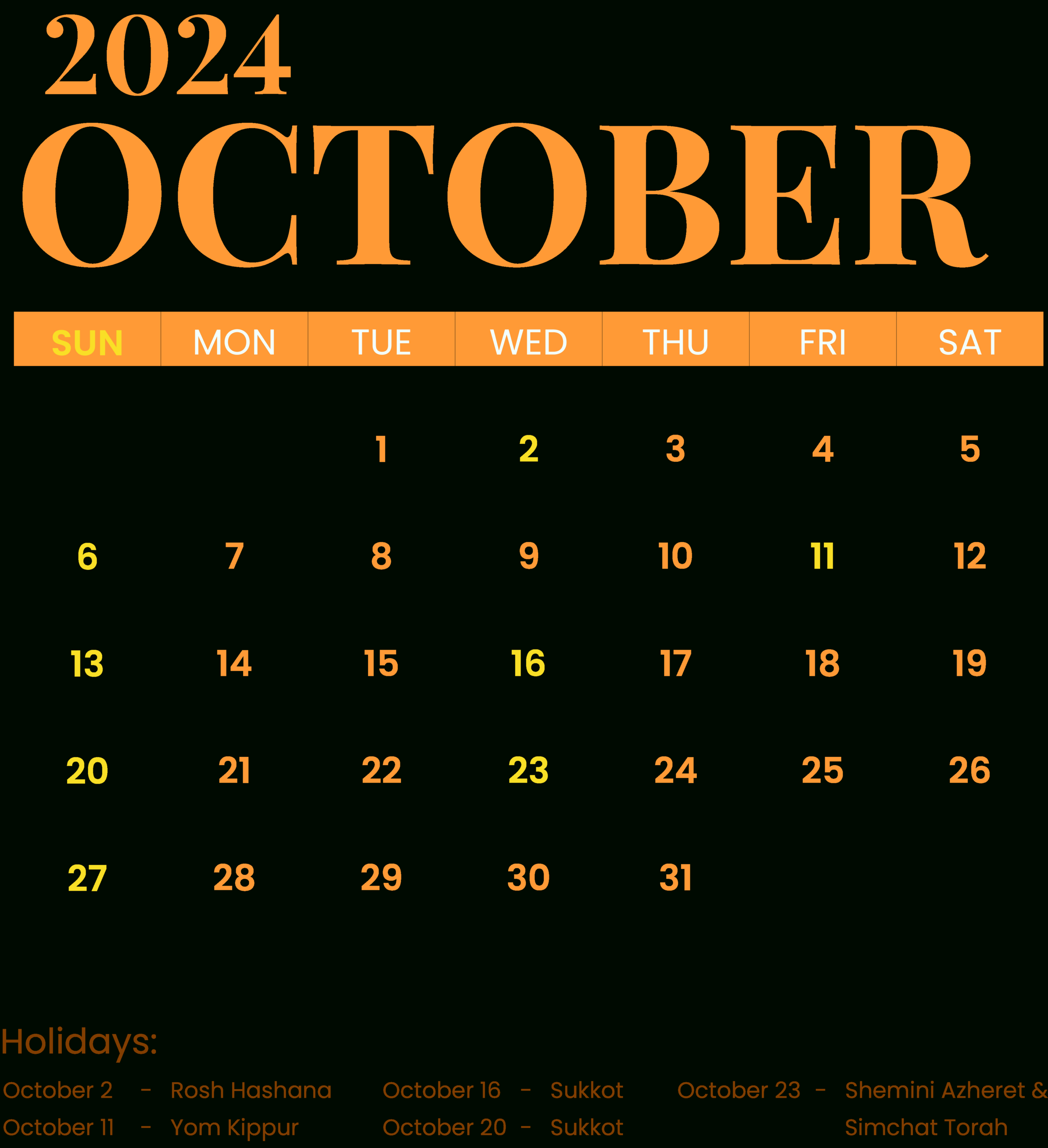 October Calendar 2024 With Jewish Holidays Template - Edit Online with October Jewish Calendar 2024