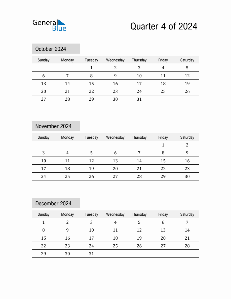 October, November, And December 2024 Calendar Template with October-December 2024 Calendar