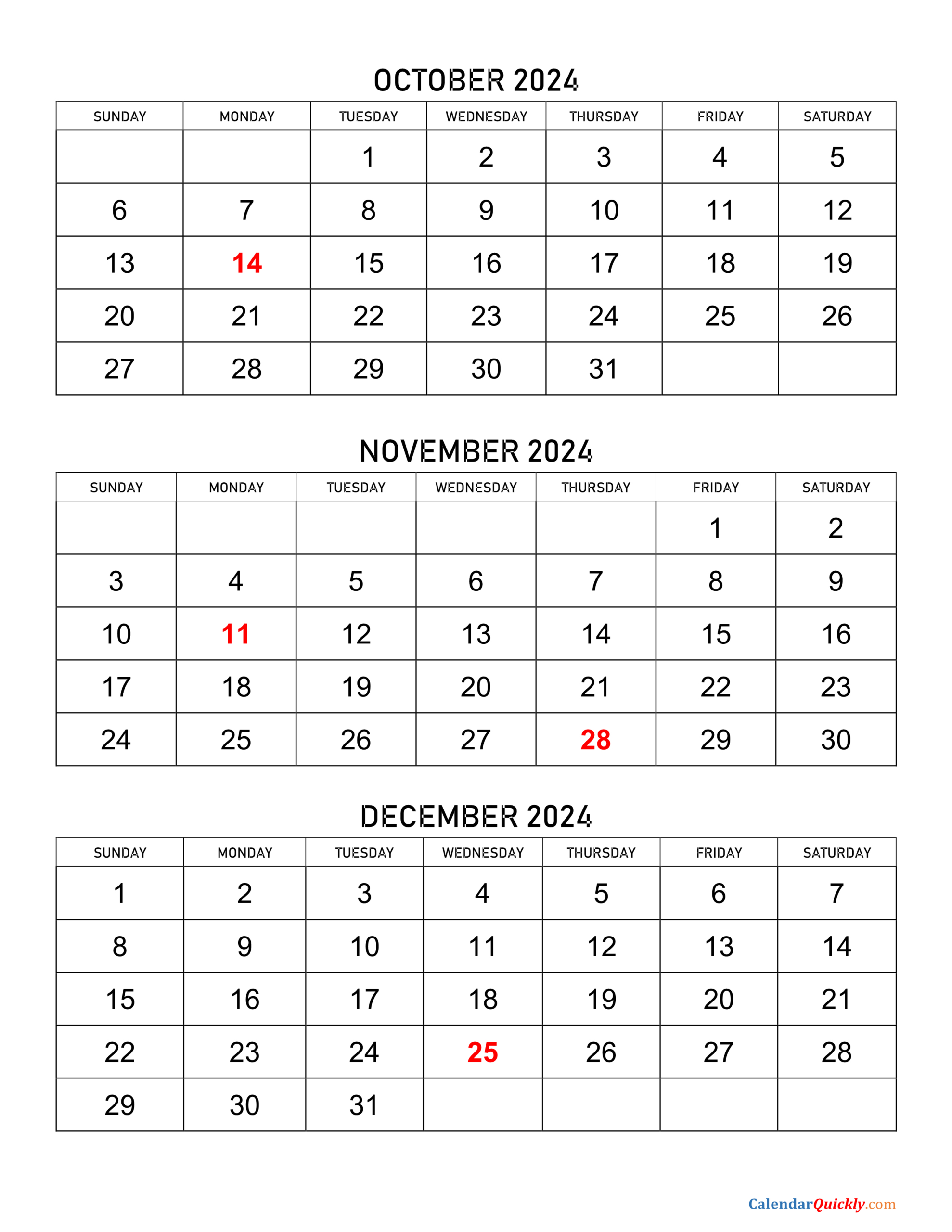 October To December 2024 Calendar | Calendar Quickly intended for October November December 2024 Calendar Printable