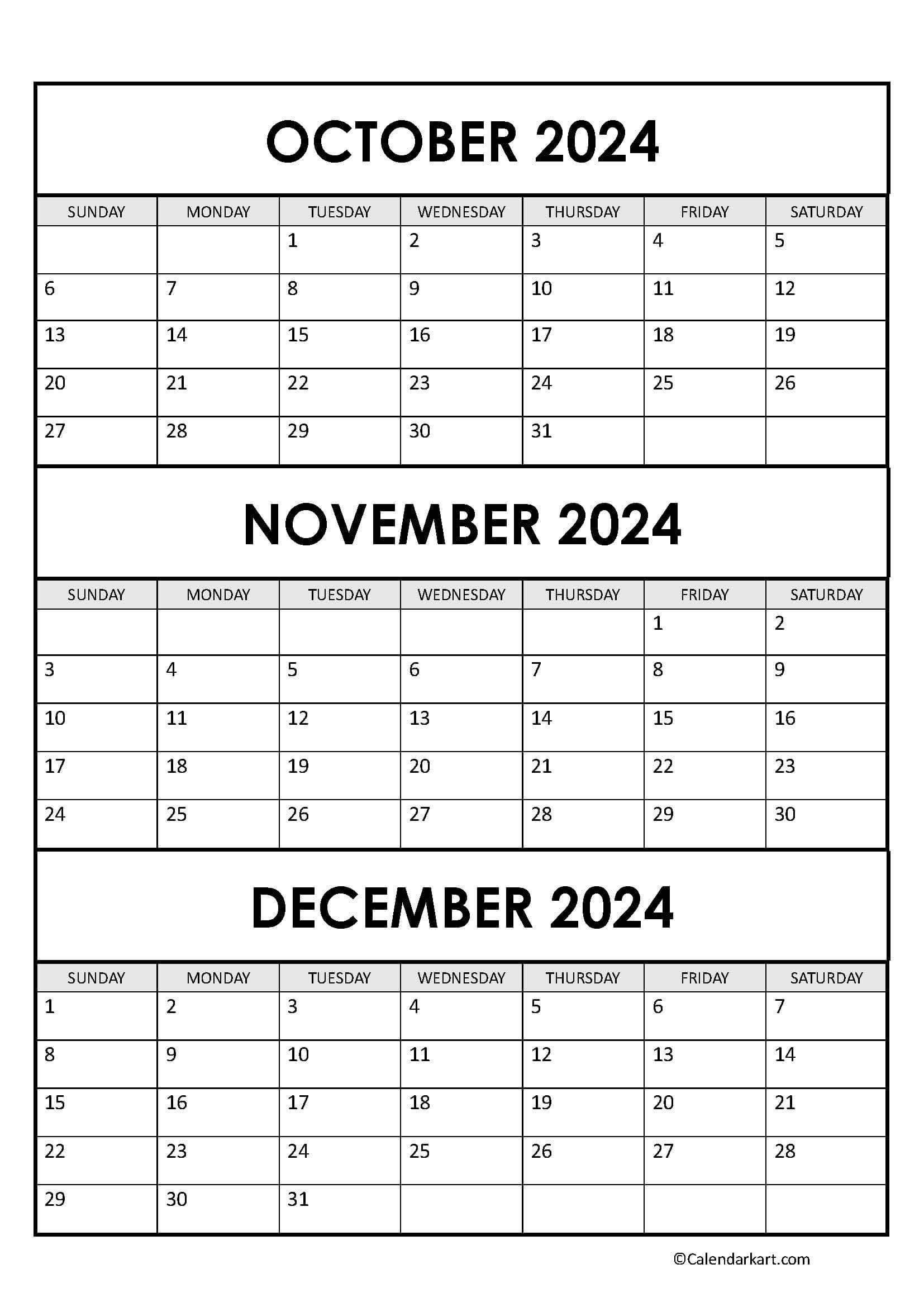 October To December 2024 Calendar (Q4) - Calendarkart intended for Printable Calendar 2024 October November December