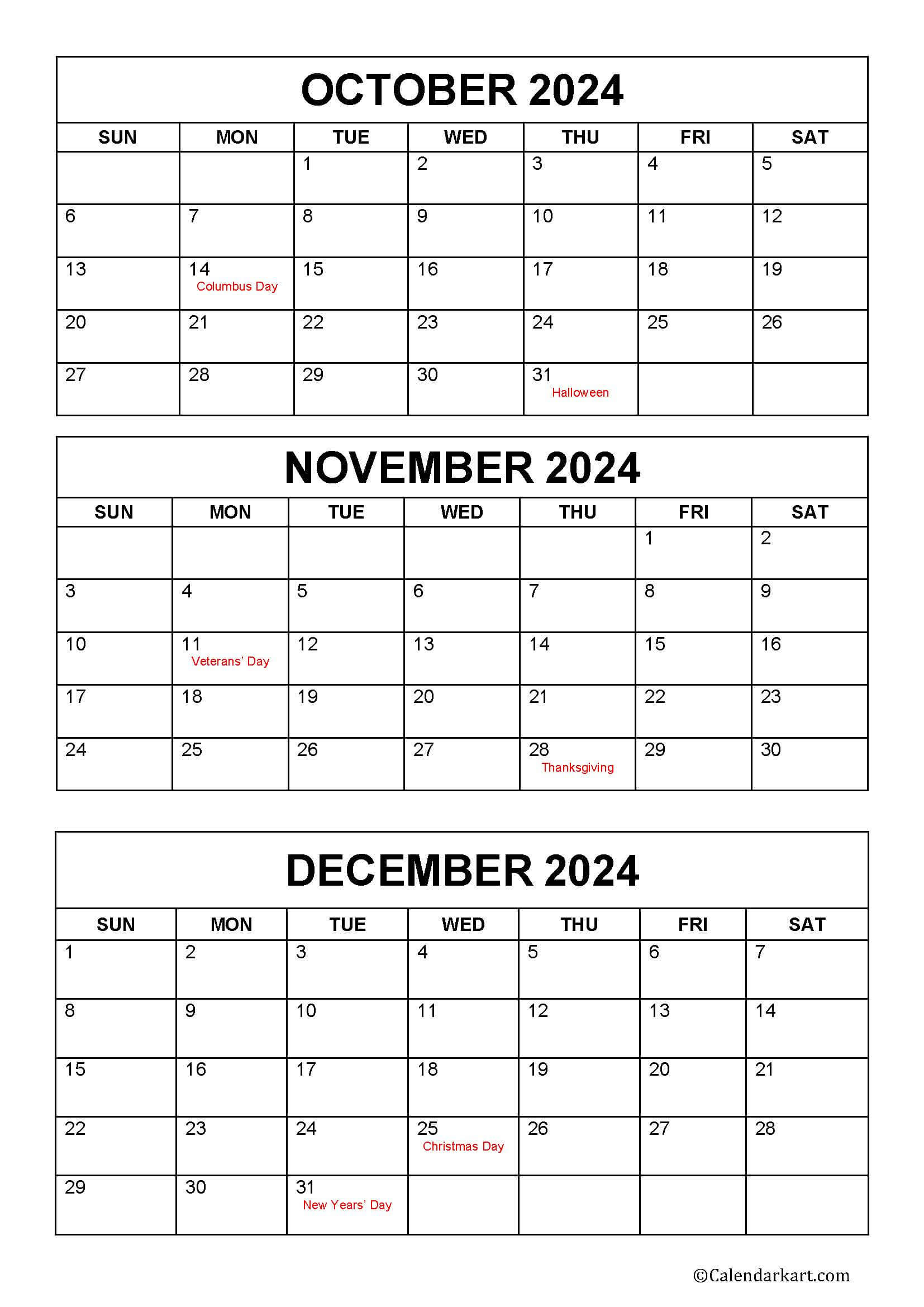 October To December 2024 Calendar (Q4) - Calendarkart regarding October Through December 2024 Calendar