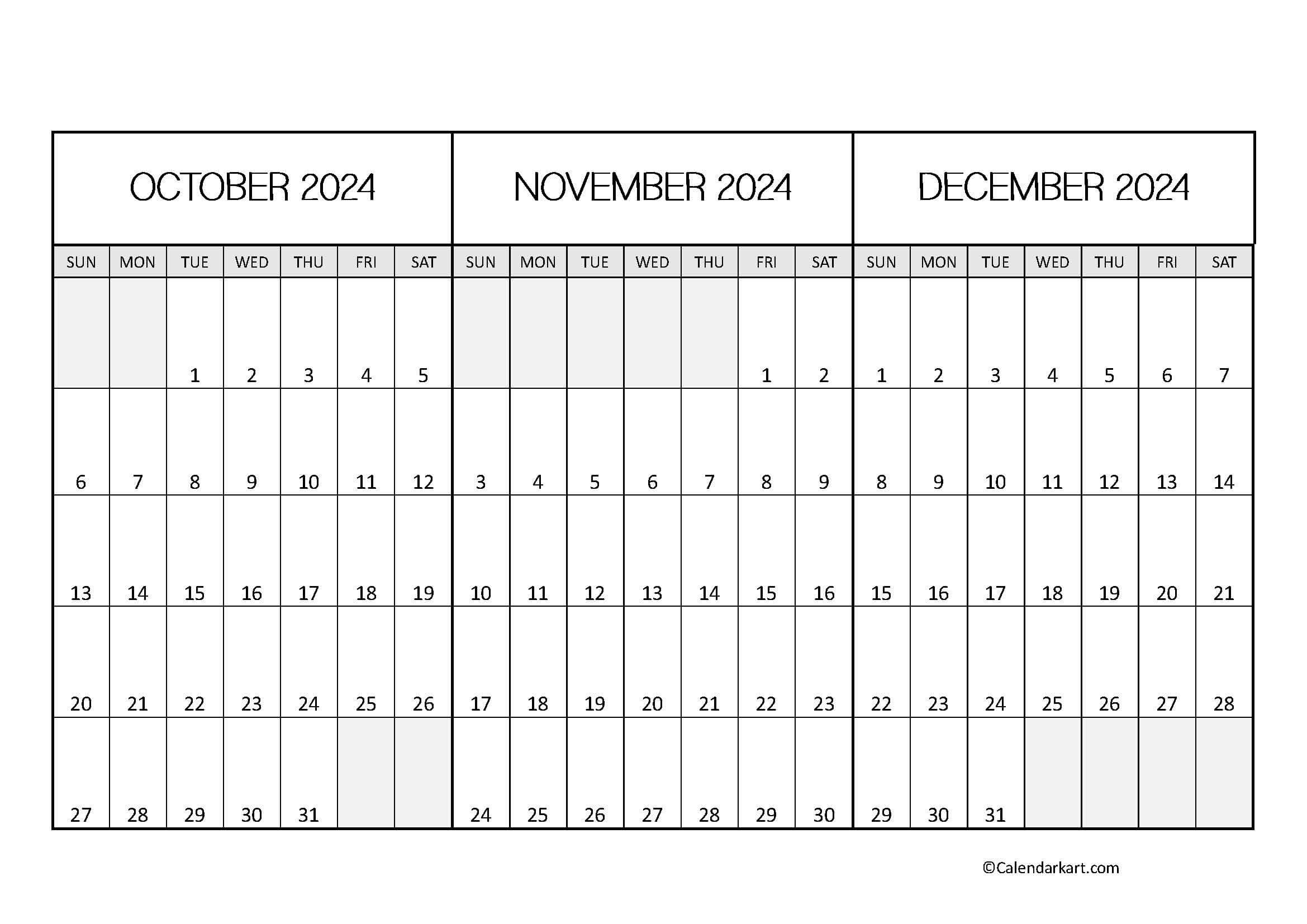 October To December 2024 Calendar (Q4) - Calendarkart throughout Printable Calendar 2024 October November December