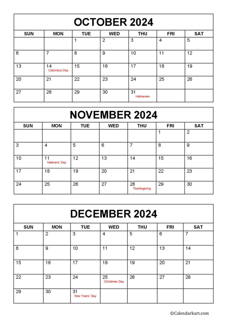 OctoberDecember 2024 Calendar Printable Calendar