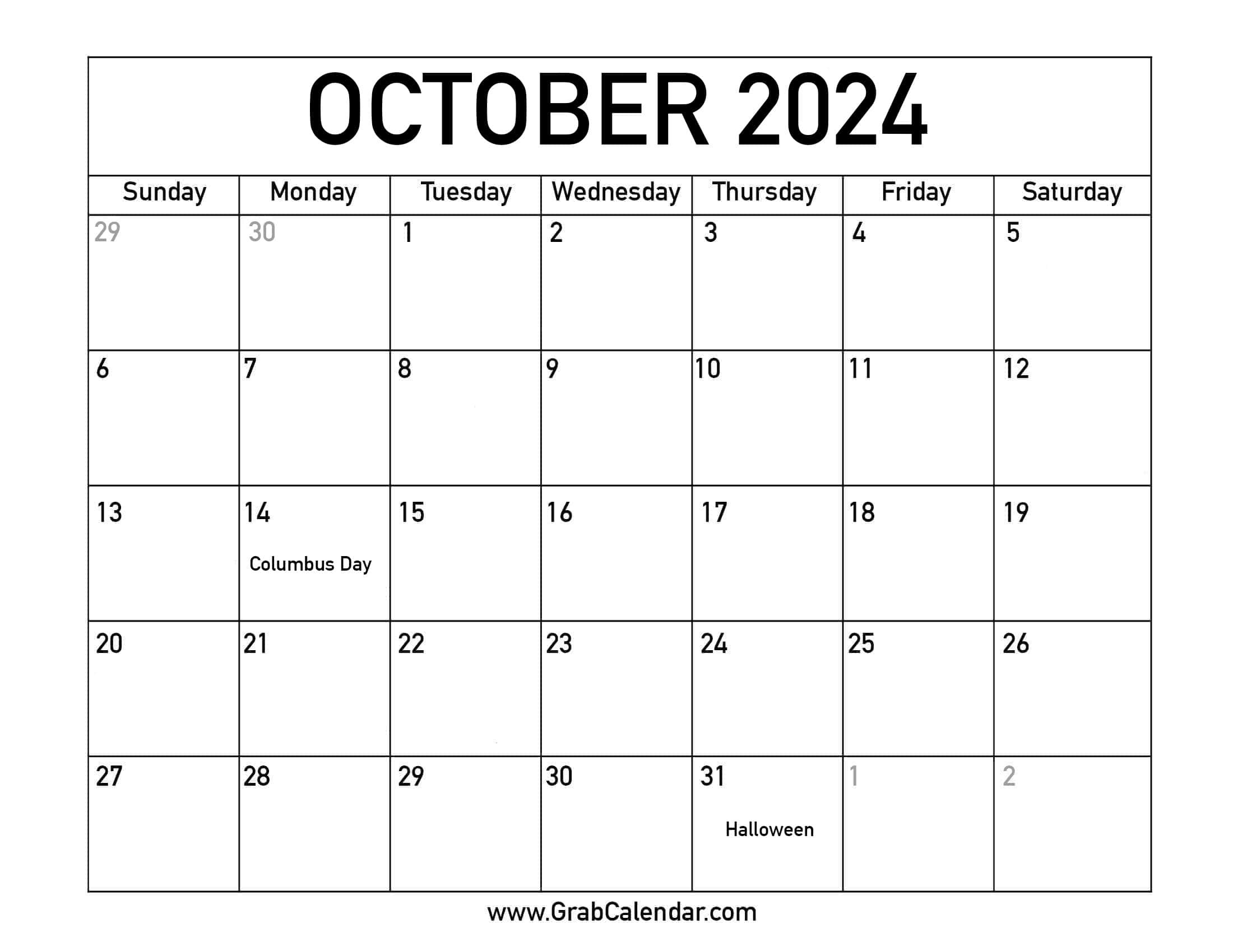 Printable October 2024 Calendar for October Holidays 2024 Holiday Calendar