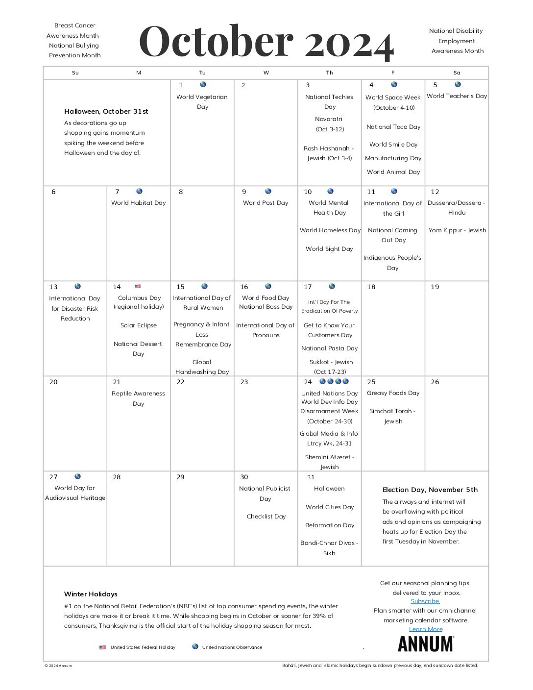 Printable October 2024 Calendar | October Holidays | Annum throughout October Events Calendar 2024