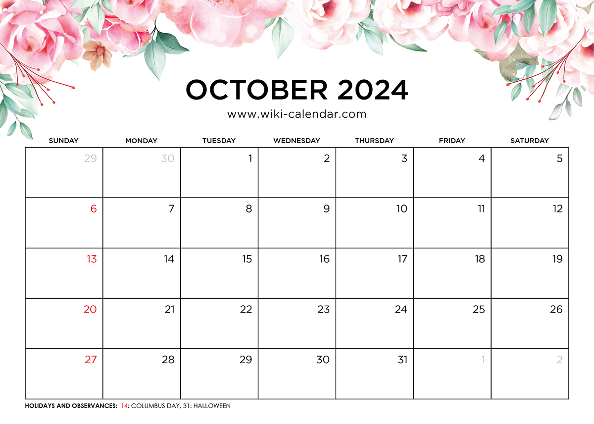 Printable October 2024 Calendar Templates With Holidays for Free Printable Calendar October 2024 Wiki