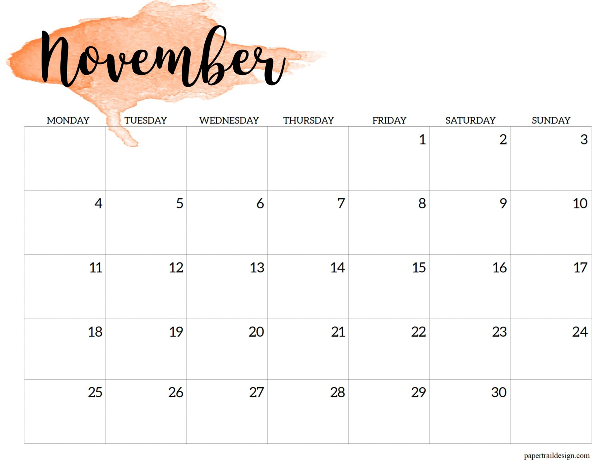 2024 Monday Start Calendar Printable - Watercolor - Paper Trail Design regarding November 2024 Calendar Printable Starting Monday